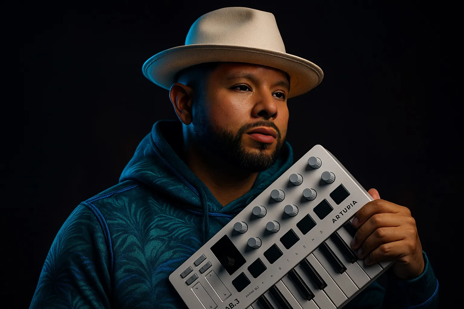 Portrait of Mr.Modulation in a futuristic music studio surrounded by glowing DJ equipment, symbolizing creativity and rhythm in motion.